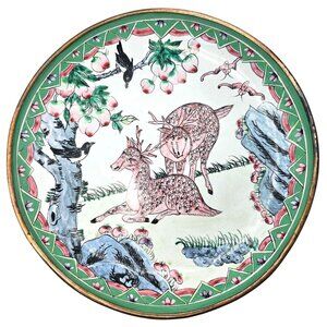 Antique Chinese Canton Enamel Plate Spotted Deer Birds Peaches Tree Green Blue